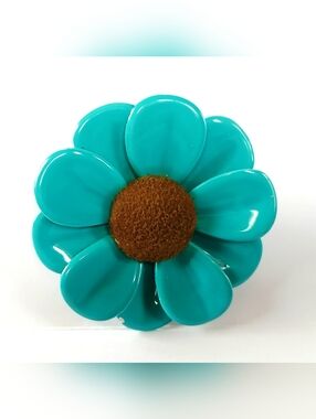 Vintage Retro Turquoise Floral Statement Brooch with Brown Center